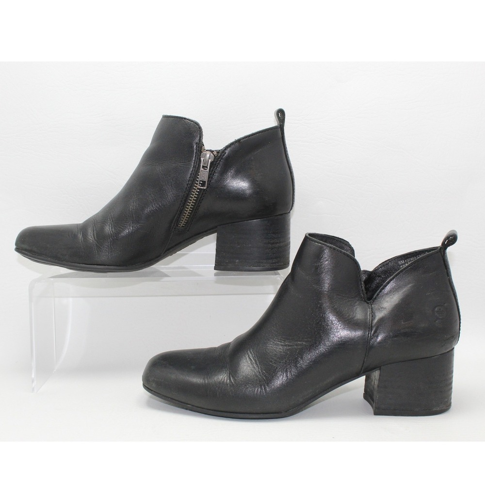 Born Womens Black Leather Block Heel Ankle Booties Side Zip F27603 Size 8M